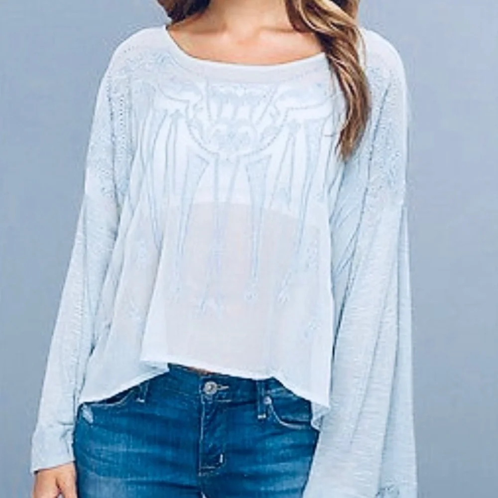 Free People Pandora Slate Blue Embroidered Sheer Blouse, Size Medium
